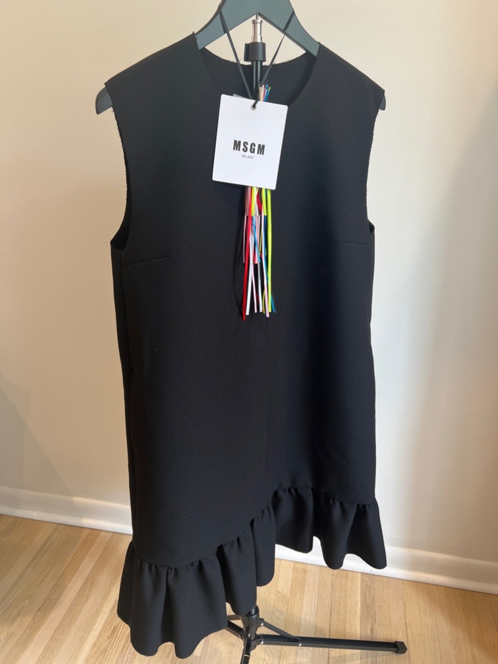 NWT MSGS Crepe Midi Dress Black Ruffled